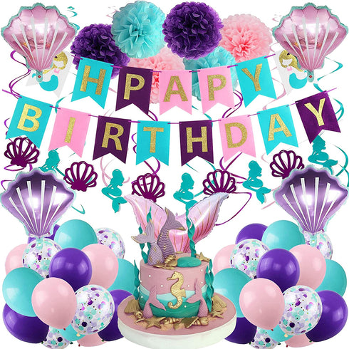 Mermaid Party Supplies Birthday Decorations, Happy Birthday Banners, Pom Poms Flowers, Hanging Swirl, Inflatable and Reusable Foil Balloons for Girl's Birthday Party and Baby Shower Party Decorations