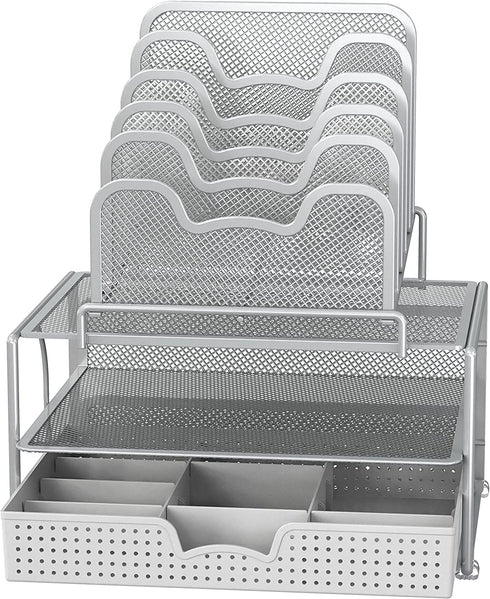 SimpleHouseware Mesh Desk Organizer with Sliding Drawer, Double Tray and 5 Stacking Sorter Sections, Silver