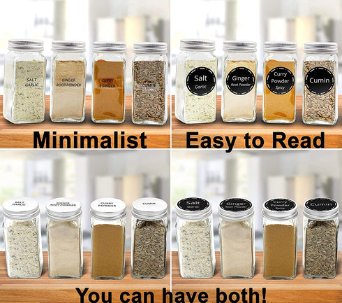 16 Glass Spice Jars Complete Set: 667 Chalkboard & Clear Printed Spice & Pantry Labels - Premier 8 fl Oz Empty Square Bottles w/ Pour/Sift & Coarse Shakers & Airtight Caps - Silicone Funnel Included