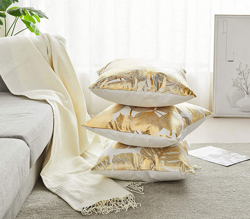 NeatBlanc Pack of 4 Decorative Throw Pillow Case Cushion Cover Gold Stamping Leaves 18 x 18 inches 45 x 45 cm for Couch Bedroom Car