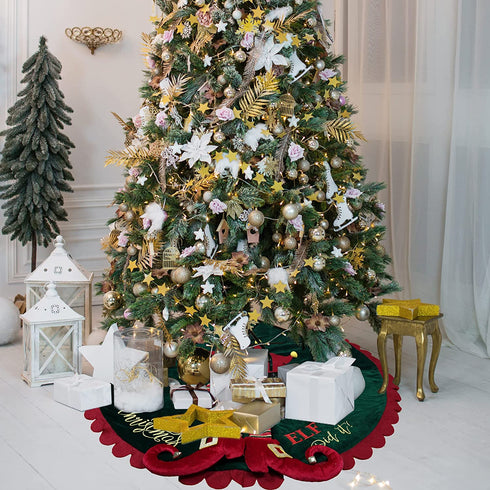 Christmas Tree Skirt 48 Inch,Large Embroidered Elf Padding Tree Collar with Striped Legs and Ripple Trim Border,Xmas Elf Themed Decoration,Christmas Tree Mat, Holiday Party Christmas Tree Decorations