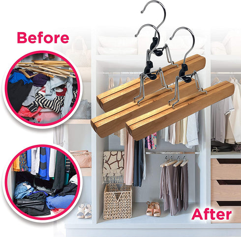 NeaTory Pants Hangers with Clips - Wardrobe Space Saving Heavy Duty Padded Non Slip Multifunctional Wooden Hangers for Pants Jeans Slack Dress Skirt Coat Sweaters Laundry 10 Per Set Pant Hangers
