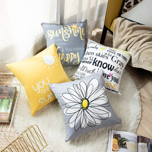 Emvency Set of 4 Throw Pillow Covers You are My Sunshine Yellow Gray with Words Decorative Pillow Cases Home Decor Square 16x16 Inches Pillowcases