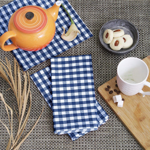Cotton Clinic 20x20 Gingham Buffalo Check Cloth Dinner Napkins Pack of 12, 100% Cotton Cocktail Napkins, Wedding Dinner Napkins with Mitered Corners and Generous Hem - Navy White