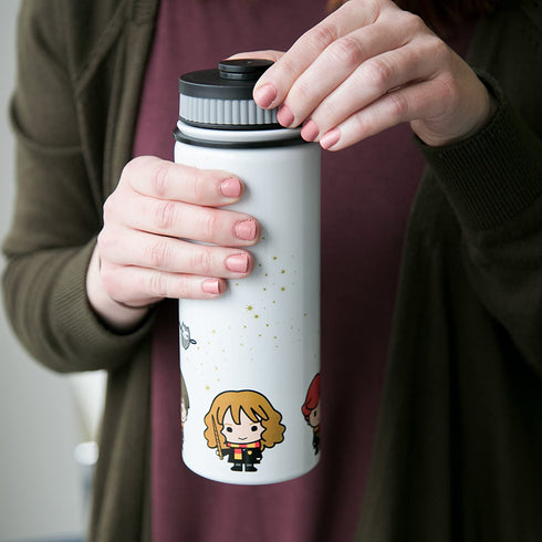 Harry Potter Stainless Steel Water Bottle - White with Harry, Ron and Hermione Chibi Character Design - Double Wall Insulated - 550ml