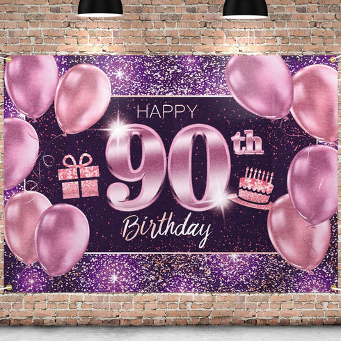 PAKBOOM Happy 90th Birthday Banner Backdrop - 90 Birthday Party Decorations Supplies for Women - Pink Purple Gold 4 x 6ft