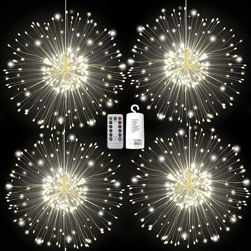 4 Pack 120 LED Firework Copper Wire Hanging Starburst Fairy Lights 8 Modes Remote Waterproof for Christmas Home Party Wedding Garden Xmas Patio Bedroom D©cor Indoor Outdoor Decorations (Warm White)