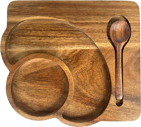 Small Wood Tray for Eating - Individual Acacia Wood Serving Tray - Natural Wooden Plate for Food & Drinks - Small Wooden Tray for Breakfast - Tea Coffee and Snacks - with Acacia Spoon