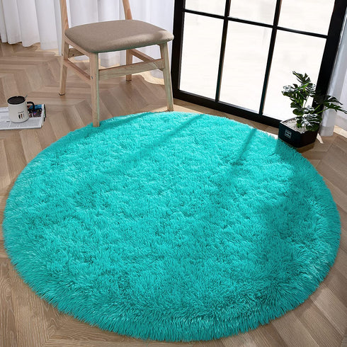 Goideal Round Fluffy Area Rug for Bedroom, Teal Blue Shaggy Rug for Boys Girls, Fuzzy Cute Princess Castle Nursery Room Rug, Circle Plush Floor Carpet for Babies Room Decor 4ft (4' Diameter)
