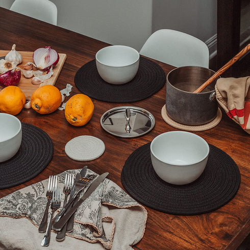 OrganiHaus Cotton Rope Woven Placemats | Round Placemats Set of 6 | Heat Resistant and Absorbent Fabric Rustic Placemats for Dining Table Mats or Countertop Protection - Full Black