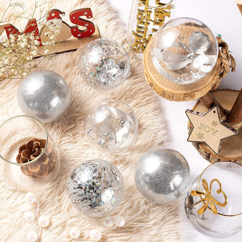 XmasExp Christmas Ball Ornaments Set-70mm/2.76" Silver Large Shatterproof Clear Glitter Pastic Christmas Ball Ornaments Xmas Tree Decoration Delicate Hanging Ornament for Xmas Party (12 Counts,Silver)