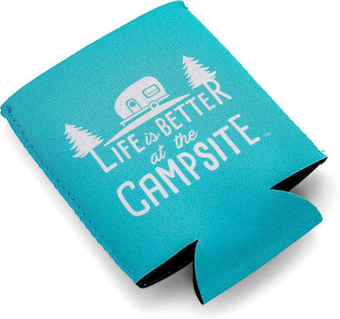 Camco Life is Better at The Campsite Can Sleeve Neoprene Soda or Beer Can Coolie, Fits 12 oz. Cans, Teal Blue and White Retro Camper Theme (53249)