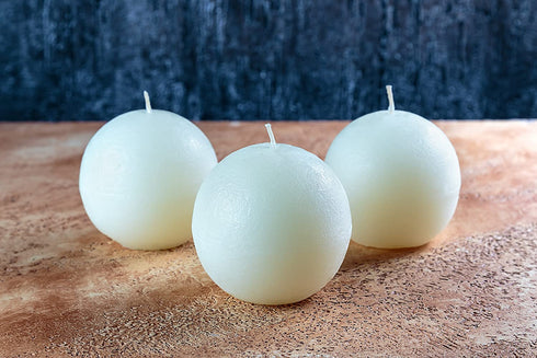 Set of 3 Sphere Ball Candles 3" Unscented Handpoured for Weddings, Home Decoration, Church, Restaurant, Spa, Smokeless Cotton Wick - Ivory
