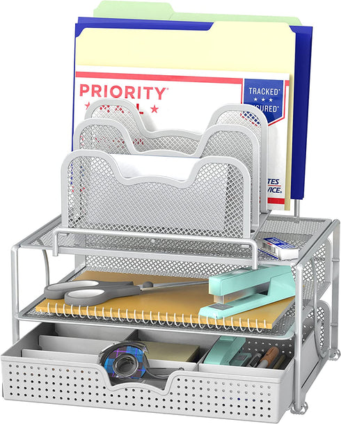 SimpleHouseware Mesh Desk Organizer with Sliding Drawer, Double Tray and 5 Stacking Sorter Sections, Silver
