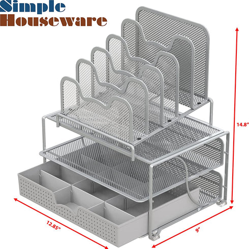 SimpleHouseware Mesh Desk Organizer with Sliding Drawer, Double Tray and 5 Stacking Sorter Sections, Silver