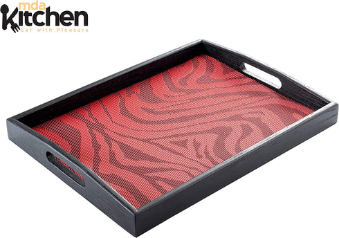 mdaKitchen Serving Tray with Handles and Non-Slip Mat, Wood Large Black Rustic Butler Rectangle Tray for Breakfast in Bed, Ottoman Food Coffee Tea Table Tray for Eating 17" x 13" x 2" (Red)