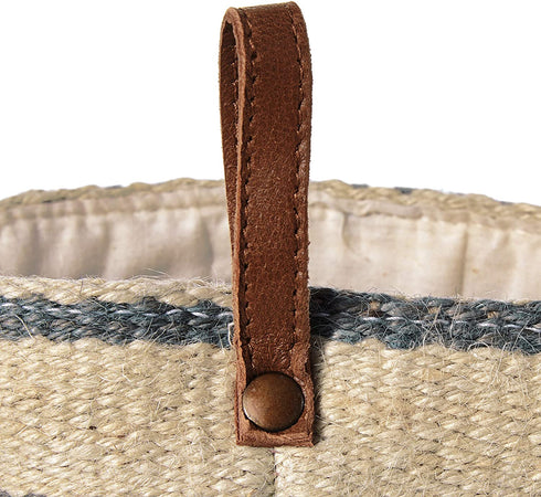 Creative Co-Op DA8007-1 Cream & Blue Striped Jute Wall Baskets with Leather Loops (Set of 2 Sizes)