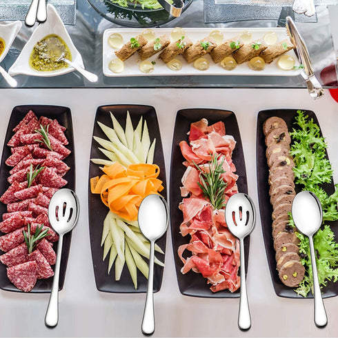 LIANYU 6 Pack Serving Spoons Set, 3 Large Serving Spoons, 3 Slotted Serving Spoons, Stainless Steel Buffet Dinner Restaurant Serving Spoons Set, Catering Serving Utensils for Party Banquet, 9.8 Inch