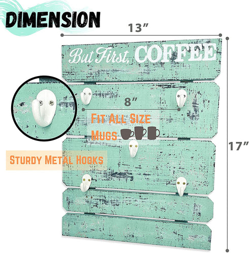 TREE IN BLUE Wooden Coffee Mug Holder - 17 X 13 Inch Eggshell Blue Wall Mounted Rustic Wood Cup Organizer 5 hooks, But First Coffee Sign Wall Decor, Mug Rack Display Shelf, Home Kitchen Storage