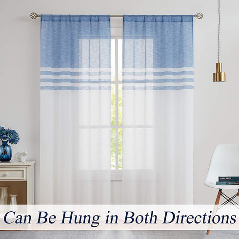 WEST LAKE Stripe Sheer Curtain Panels Color Block Farmhouse Window Treatment Drapery Sets Colorblock for Bedroom,Balcony,Living Room,Rustic Rod Pocket Design 40Wx63L,2 Panels,Blue and White
