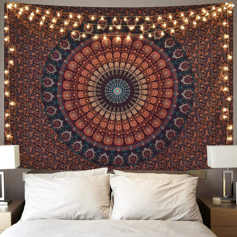 Mandala Tapestry Bohemian Hippie Tapestry Psychedelic Peacock Tapestry Wall Hanging Floral Brown Tapestry for Room(51.2 x 59.1 inches)