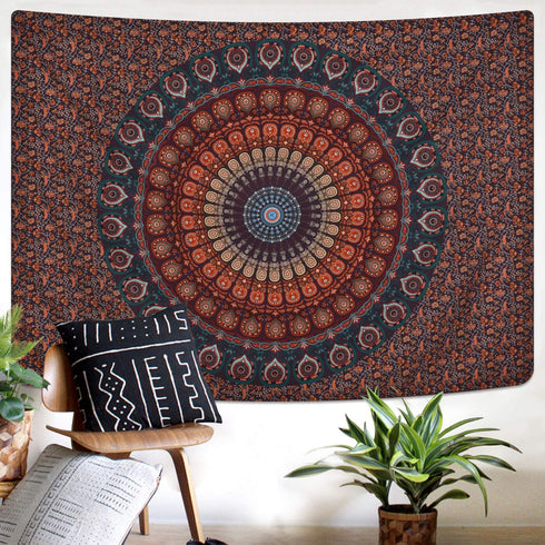 Mandala Tapestry Bohemian Hippie Tapestry Psychedelic Peacock Tapestry Wall Hanging Floral Brown Tapestry for Room(51.2 x 59.1 inches)