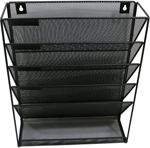 Wall File Mesh Organizer - 5 Pockets - Hanging Letter & Document Holder - Black - for Office and Home