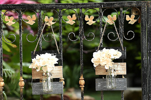 Dailyart Rustic Wall Sconces Mason Jars Sconce Farmhouse Wall Hanging Decor Lights LED Fairy Lights Home Decoration, Fake Plastic Flowers, Set of 2