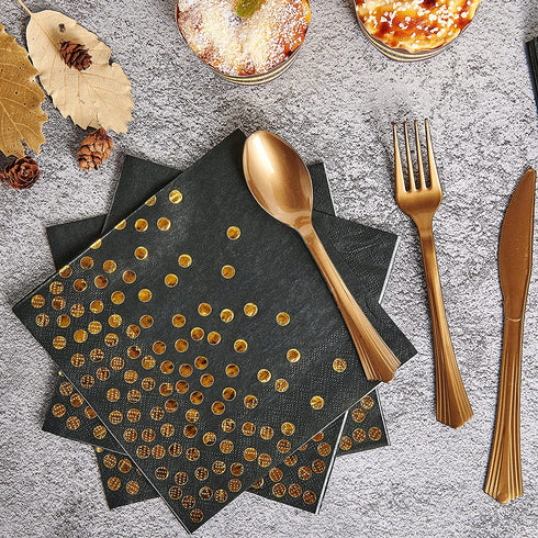 FOCUSLINE Black and Gold Party Supplies 210 PCS Paper Party Dinnerware 30 Guests - Disposable Black Paper Plates Napkins Cups & Gold Plastic Forks Knives Spoons for Graduation, Birthday, Wedding