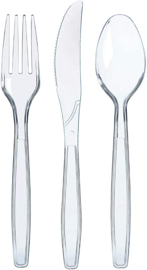 300 Clear Plastic Silverware Set | Disposable Plastic Utensils | 100 Plastic Forks, 100 Plastic Spoons, 100 Plastic Knives | Plastic Cutlery Set | Heavy Duty Bulk Flatware Set
