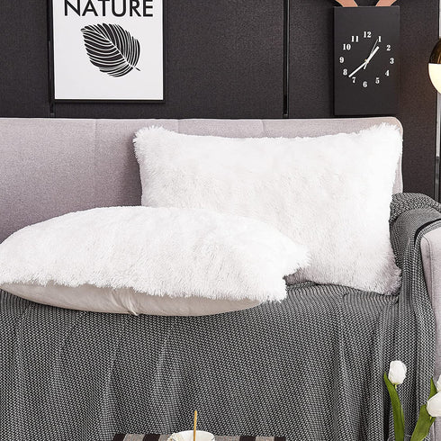 WERDIM Shaggy Fluffy Faux Fur Pillowcases 2 Pack Button Closure Velvet Pillow Shams Standard/Queen Size (White, 20 X 26 Inches)
