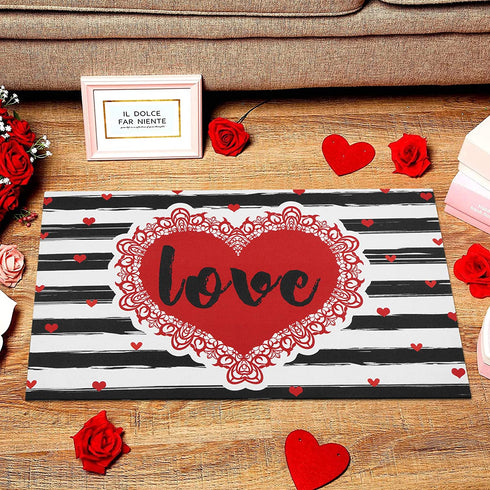 Valentine's Day Area Rug Doormat, Valentines Day Black White Striped Door Mat with Non Slip Backing, Romantic Red Heart Entrance Mats for Indoor Outdoor, Valentine's Day Home Decor, 18 x 30 Inch