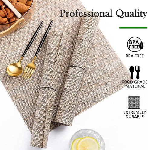 HGMO Placemats, Set of 8 Heat Resistant Stain Resistant Anti-Water Non-Slip Placemats for Dining Table, Washable Durable PVC Place Mats Weave Vinyl Table Mats(Caramel)