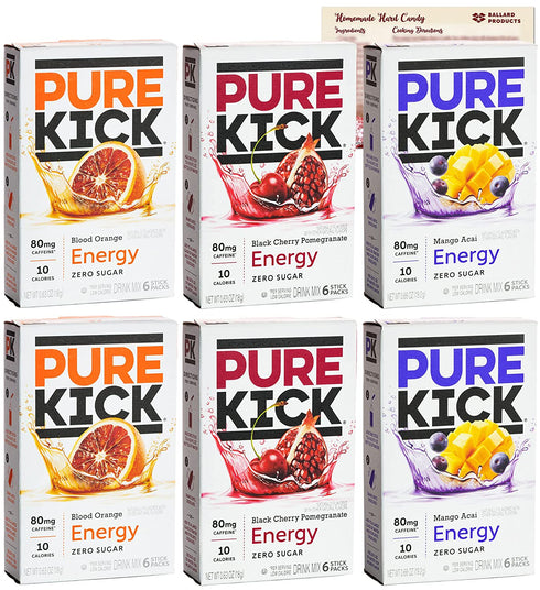 Pure Kick Energy Drink Mix Packets With Caffeine - Variety Pack | 3 Flavors - 2 Boxes Each | Mango Acai, Blood Orange, Black Cherry Pomegranate | Bundled with Ballard Hard Candy Recipe Card