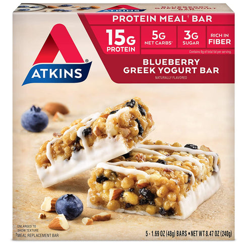 Atkins Blueberry Greek Yogurt Protein Meal Bar. Rich in Fiber. Keto-Friendly. (5 Bars)