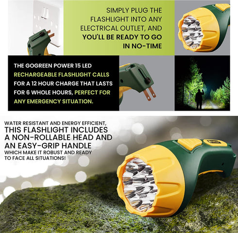 GoGreen GG-113-15RC LED Rechargeable Flashlight, 1 EA, Yellow/Green