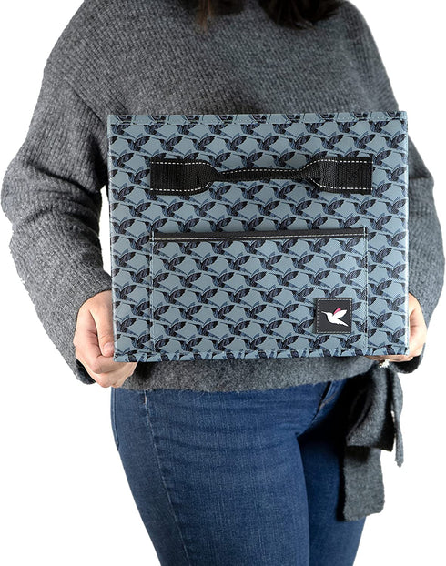 Stola Fabric File Bin, File Organizer, Home Office File Box, Decorative Water Resistant Document Holder With Front Pocket and Handles, Blue and Gray Hummingbird Houndstooth