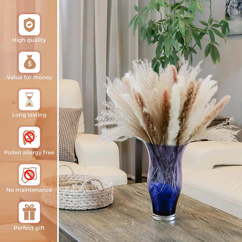60 Pcs Boho Flowers Faux Pampas Grass Decor- Tall and Fluffy with No Shedding - Artificial Pompass Grass for Home, Wedding, and Table Decor, White, Brown & Reed
