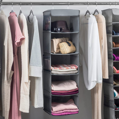 Zober 5 Shelf Hanging Closet Organizer Space Saver, Roomy Breathable Hanging Shelves With (6) Side Accessories Pockets, And 2 Sturdy Hooks, For Clothes Storage, And Shoes, Etc. 12 x 11 ½ x 42 In, Gray