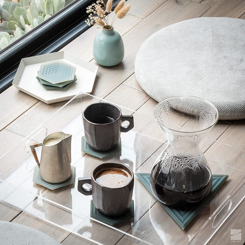 Set of 6 Degr? Coasters (Sandstone) by LINE+ARC. 10mm Thick, Dishwasher Safe, Stain-Resistant, Outdoor, Coffee Table, Silicone, Modern, Hexagon, Mid Century, Cup, Drink, Non-Absorbent, Housewarming€¦