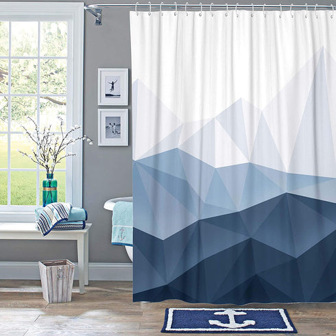 Accnicc Blue Fabric Shower Curtain Set, Navy Ombre Geometric Mountain Cloth Bathroom Curtain, Modern Decorative Bath Curtain (Blue, 72'' × 72'')