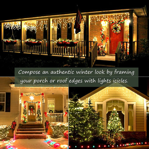 Christmas Lights Outdoor Decorations Iciclelights 39ft 450 LED Dripping Twinkle Ice String Light, 8 Modes Plug in Waterproof Fairy Curtain Lights for House Holiday Patio Yard Party Decor(Warm White)