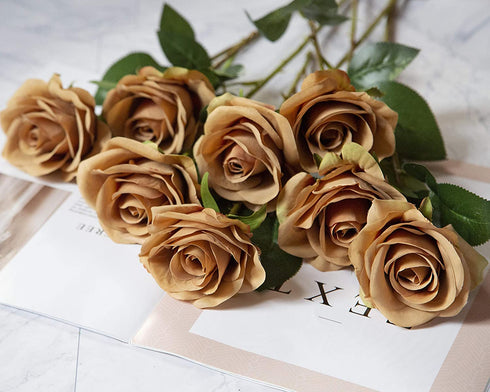 DuHouse 10pcs Fake Roses Artificial Silk Flowers Faux Rose Flower Long Stems Bouquet for Arrangement Wedding Centerpiece Party Home Kitchen Decor (Coffee)