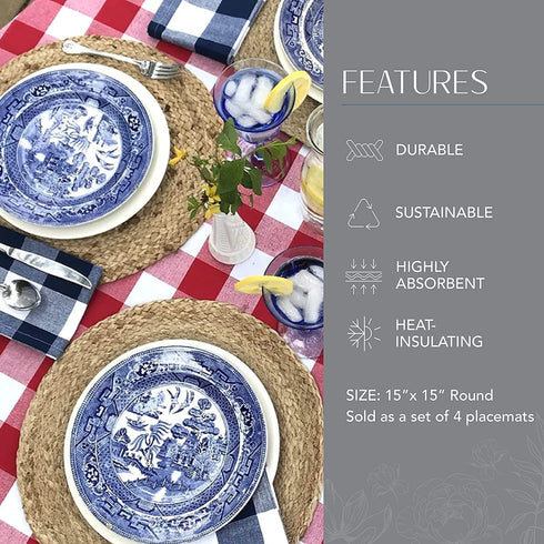 Elrene Home Fashions Everyday Casual Braided Jute Round Placemats, Jute Placemat Set for Casual Dining, 15 Inches by 15 Inches, Set of 4