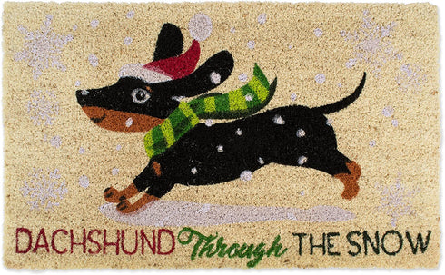 DII Christmas Pun Holiday Pet Natural Coir Doormat, 18x30, Dachshund Through The Snow