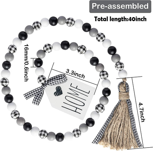 2ooya 40inch Black&White Plaid Wood Bead Garland with Tassel Rustic Farmhouse Tiered Tray Decorations Country Rustic Wall Hanging Decor Natural Wood Bead Decoration for Home Winter Christmas
