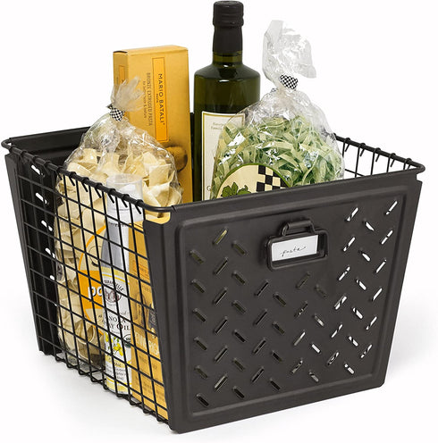 Spectrum Diversified Macklin, Stamped Steel & Wire Basket for Closet & Cubby Storage Vintage-Inspired Design with Customizable Label Plate, Large, Gray