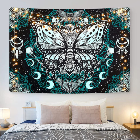 Death Moth Tapestry Skull Tapestry Butterfly Tapestry Gothic Skeleton Tapestry Blue Mandala Tapestry Wall Hanging for Room(51.2 x 59.1 inches)