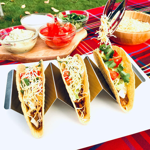6 Pack Jumbo Taco Holder Stands - Stainless Steel Taco Racks - Metal Taco Trays - Restaurant Grade Stainless Steel for Fuller Sized Tacos - Oven and Dishwasher Safe - Soft and Hard Shell Taco Holders