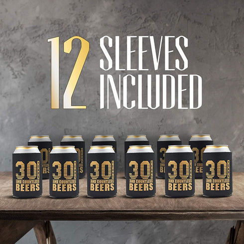Happy 30th Birthday Decorations for Him, Dirty Thirty Birthday Beverage Can Cooler Sleeves, Insulated Holder Gift Ideas and Party Favors for Men, 12-Pack, Black & Gold